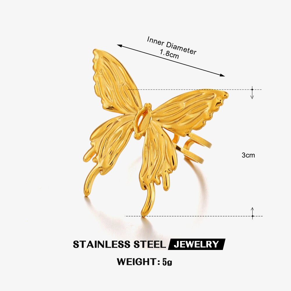 Large exquisite butterfly adjustable open ring stainless steel tarnish free