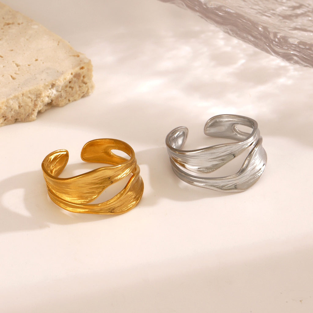 Double-layered irregular design stainless steel tarnish free water resistant adjustable size ring