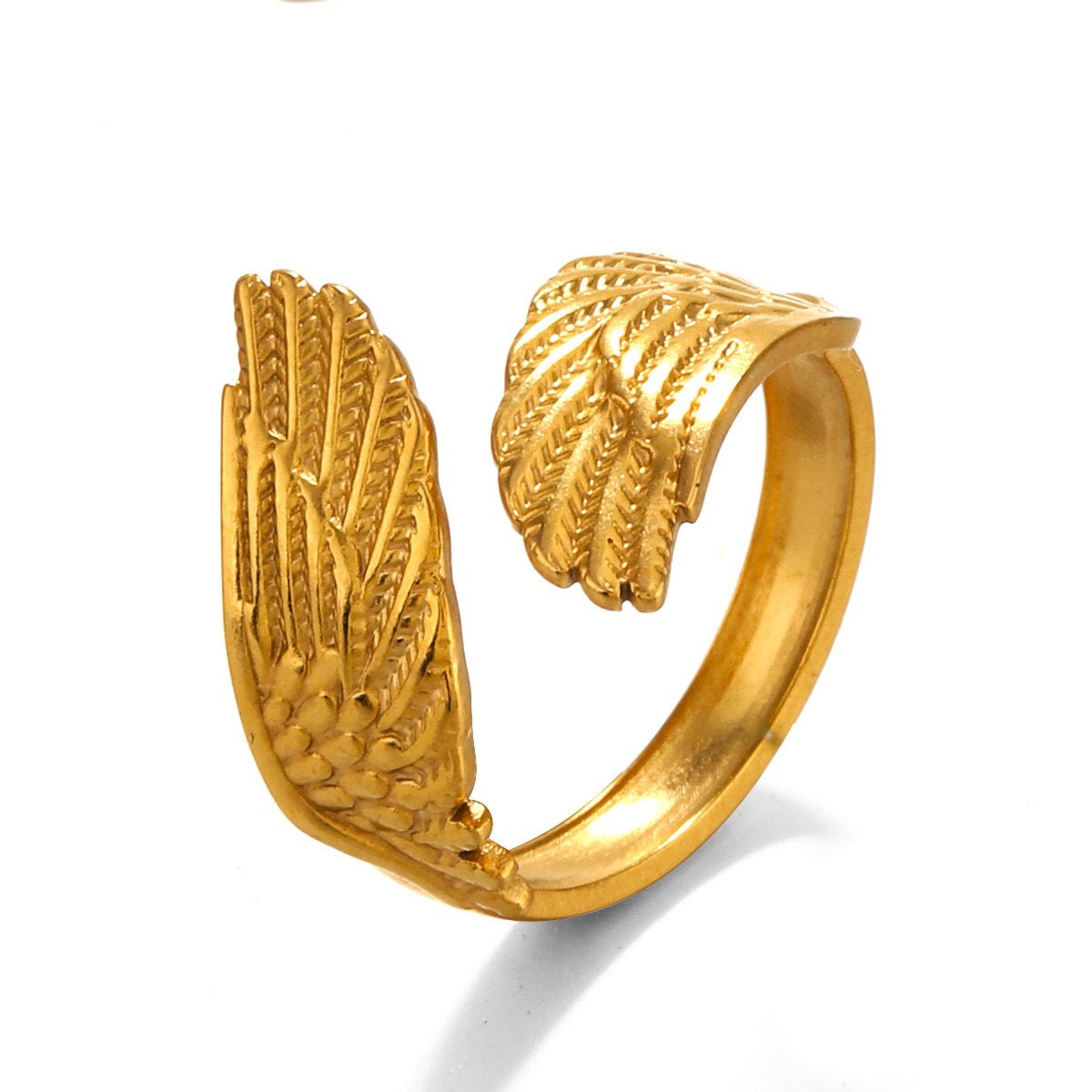 Angel wings design “ inner strength”adjustable open ring stainless steel water resistant tarnish free