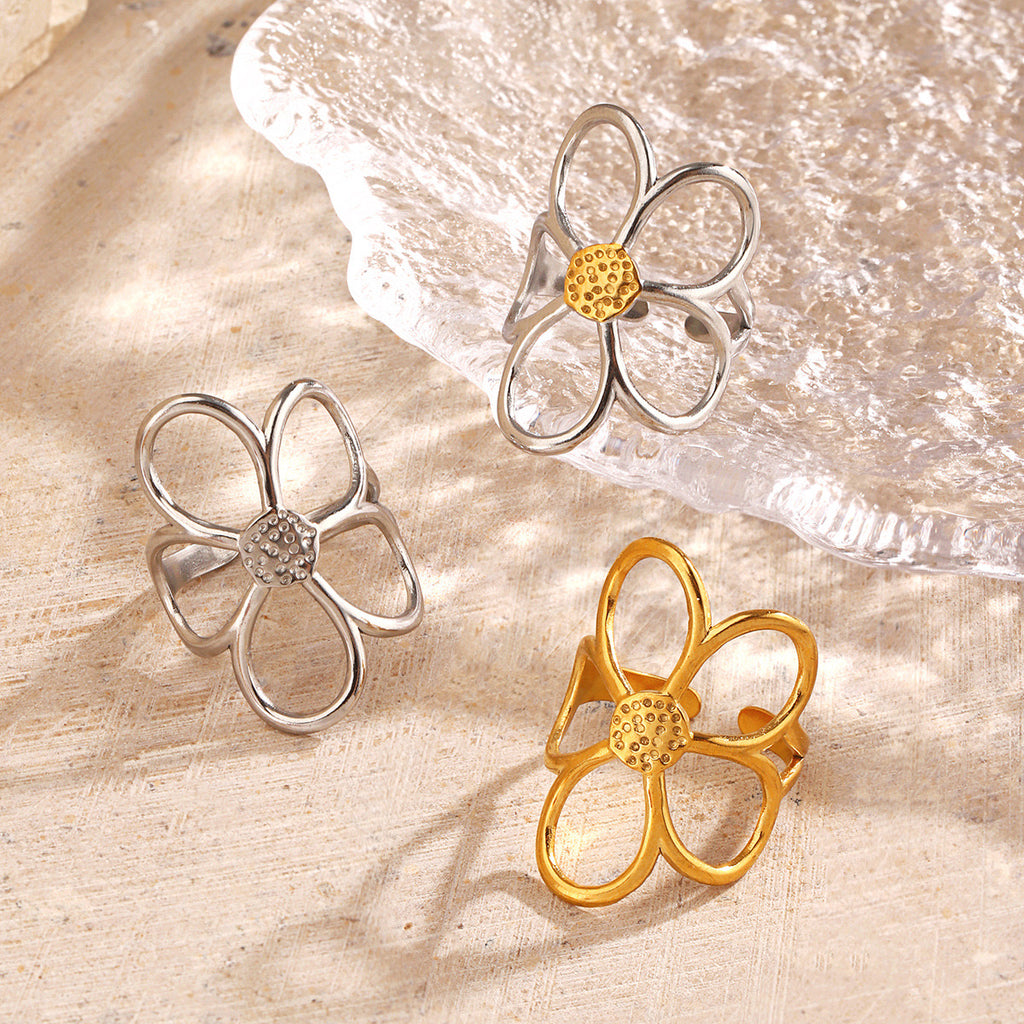 Large floral Five-petaled flower design adjustable ring gold & silver stainless steel water resistant tarnish free