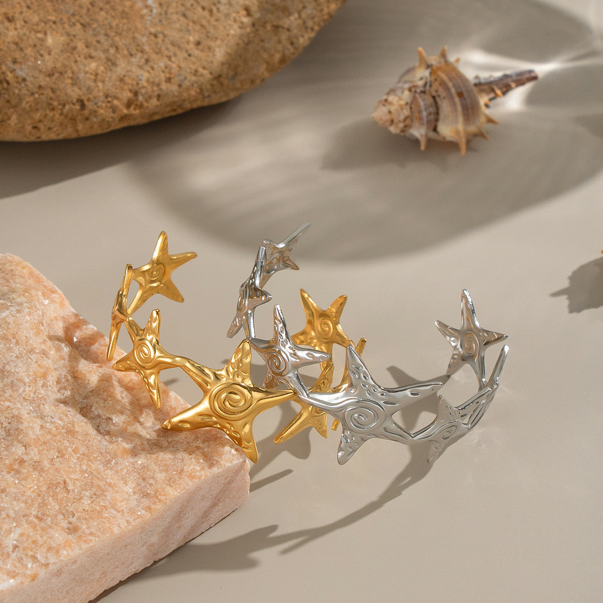 Starfish with swirl design gold&silver adjustable open bangle stainless steel tarnish free