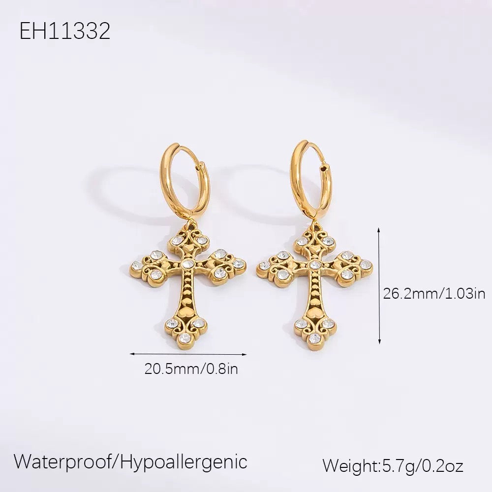 Cross with diamond fashion design dangle earrings stainless steel tarnish free