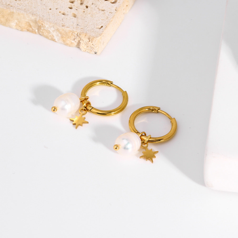 Fresh water pearl with star design classic hoops earrings stainless steel water resistant