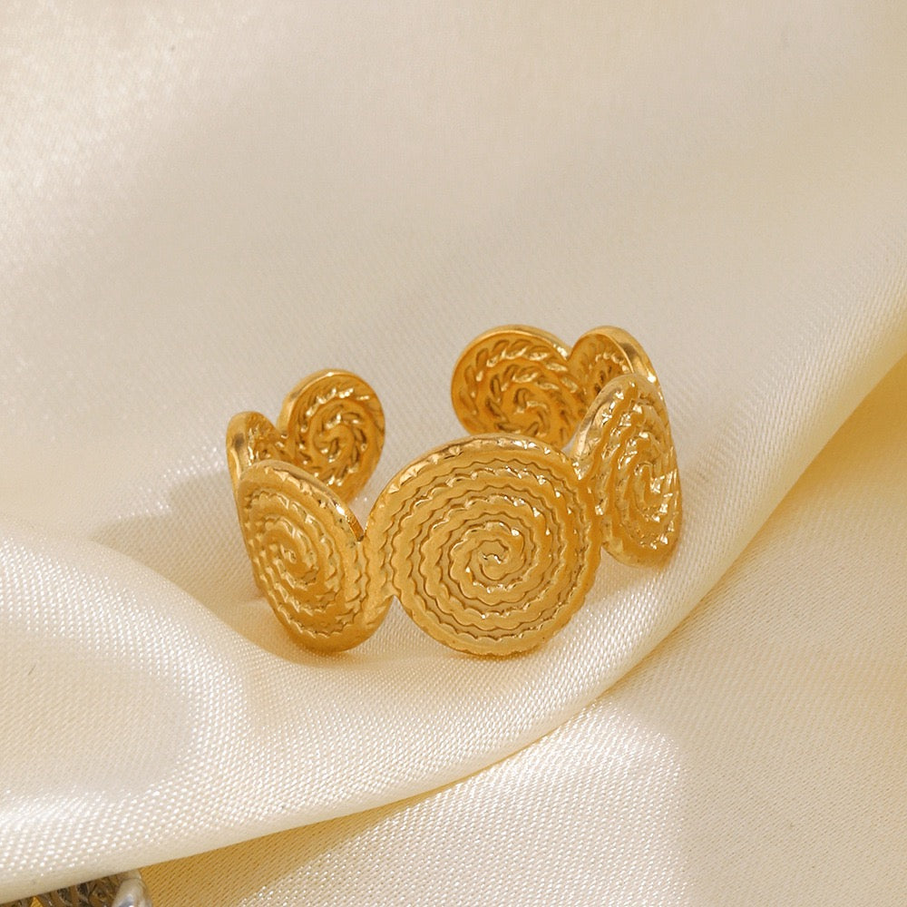 Ocean swirl circles adjustable open ring stainless steel water resistant