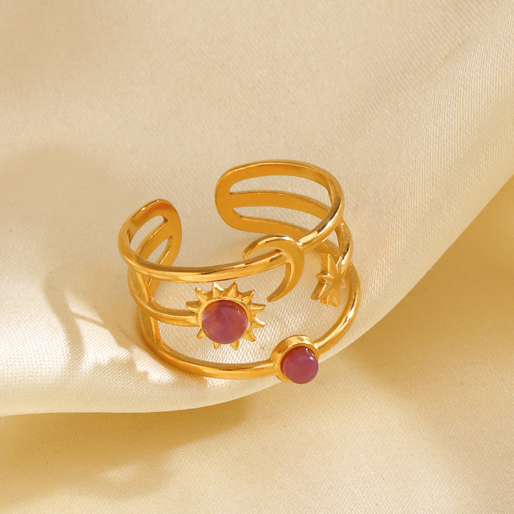 Sun moon star with pink stone adjustable 3 layer ring tarnish free stainless steel
