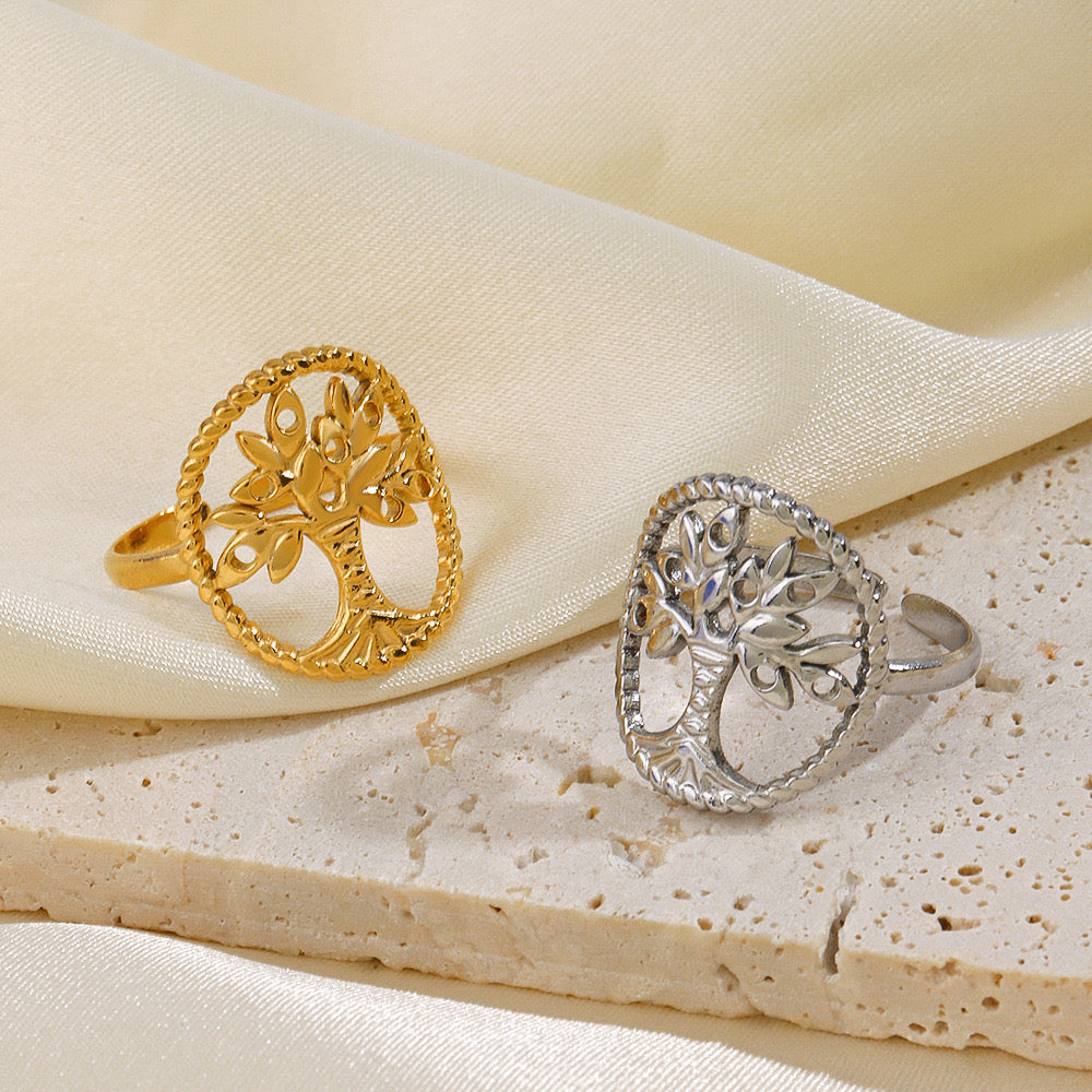 Tree life design stainless steel tarnish free adjustable size gold& silver ring