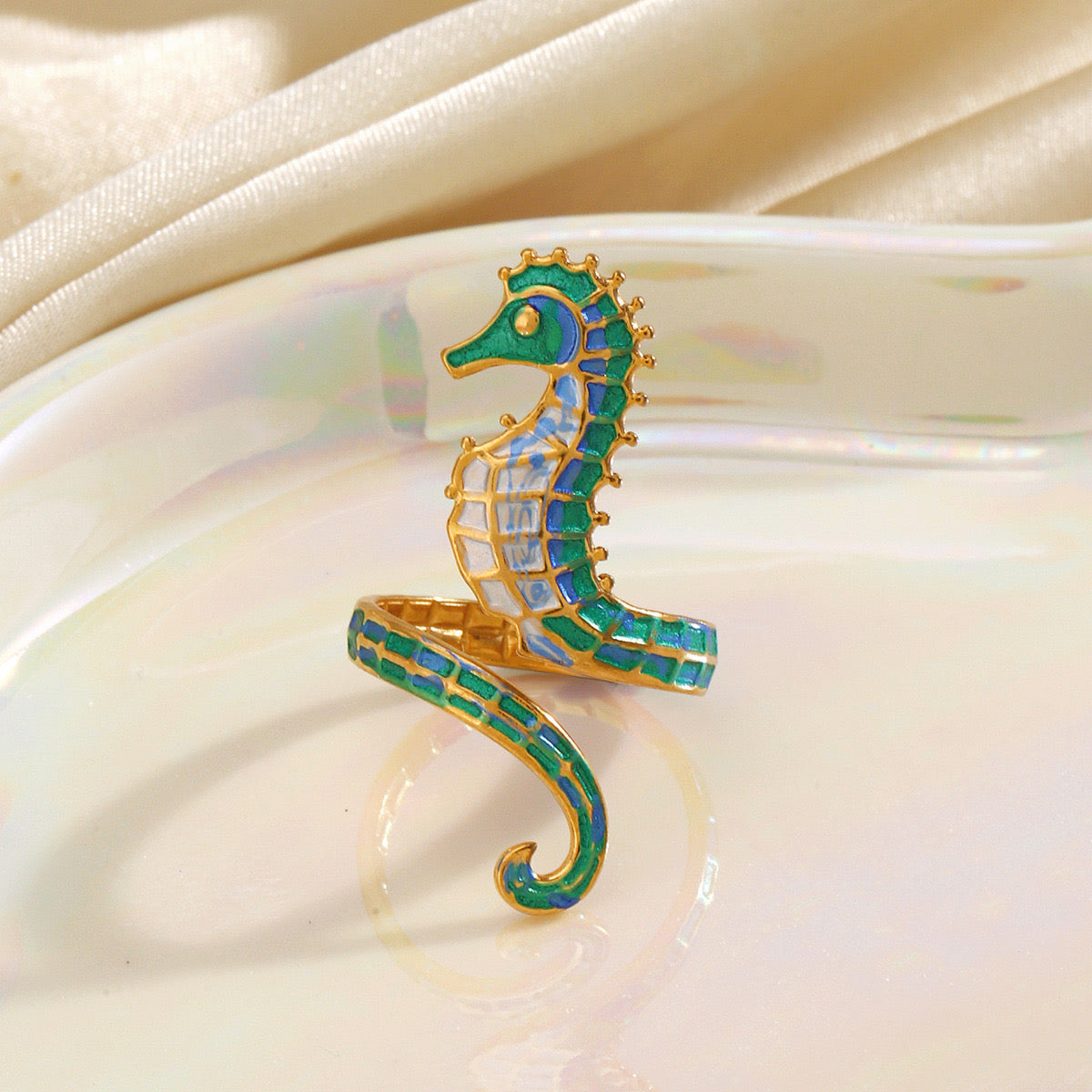 Colourful large Seahorse adjustable ring stainless steel tarnish free water resistant
