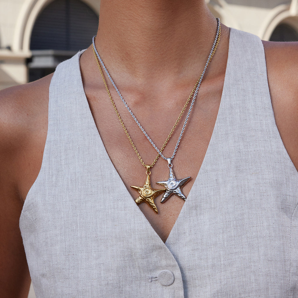 Star fish with swirls ocean inspired stainless steel tarnish free necklace extra longer chain 50+5Cm
