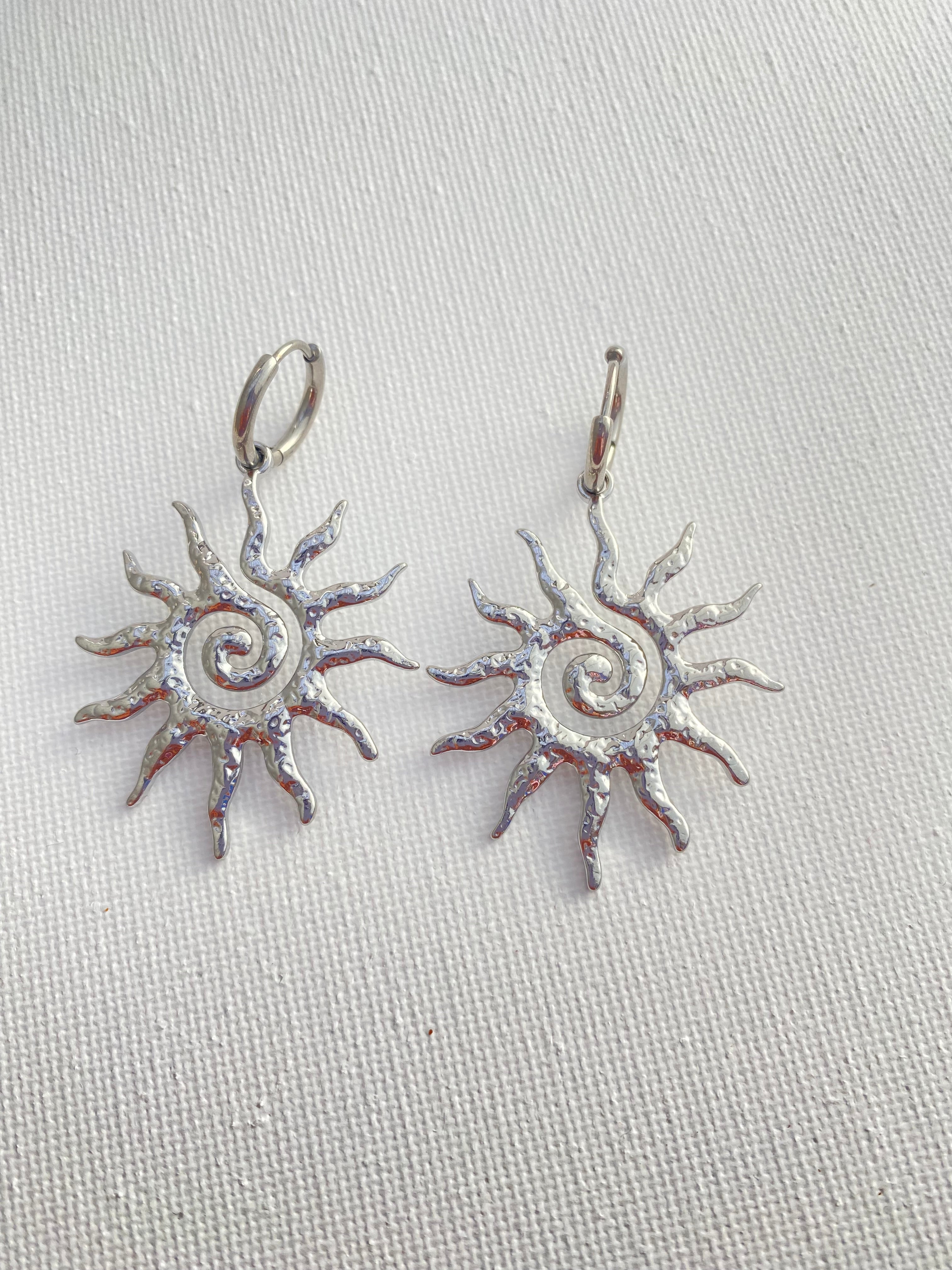 Sun with swirl positive energy dangle earrings silver&gold stainless steel tarnish free