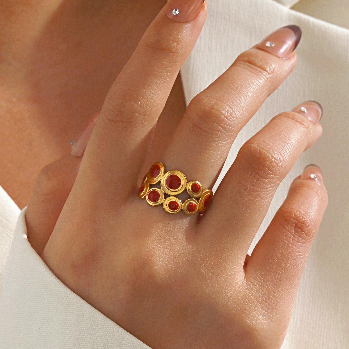 2 layers of small circles with colour ethnic style adjustable ring stainless steel water resistant