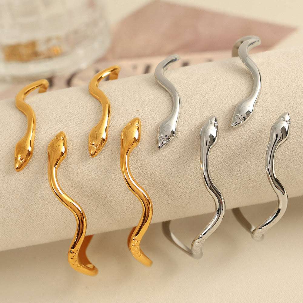 Two heads Snake design adjustable open bangle gold&silver stainless steel water-resistant tarnish free