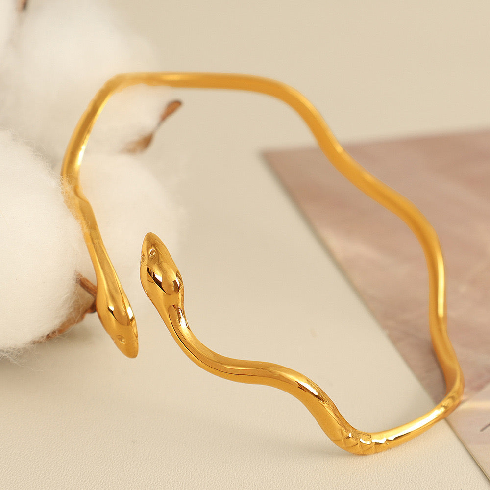 Two heads Snake design adjustable open bangle gold&silver stainless steel water-resistant tarnish free