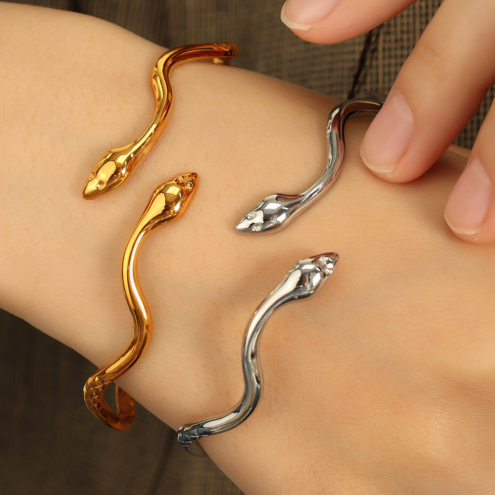Two heads Snake design adjustable open bangle gold&silver stainless steel water-resistant tarnish free