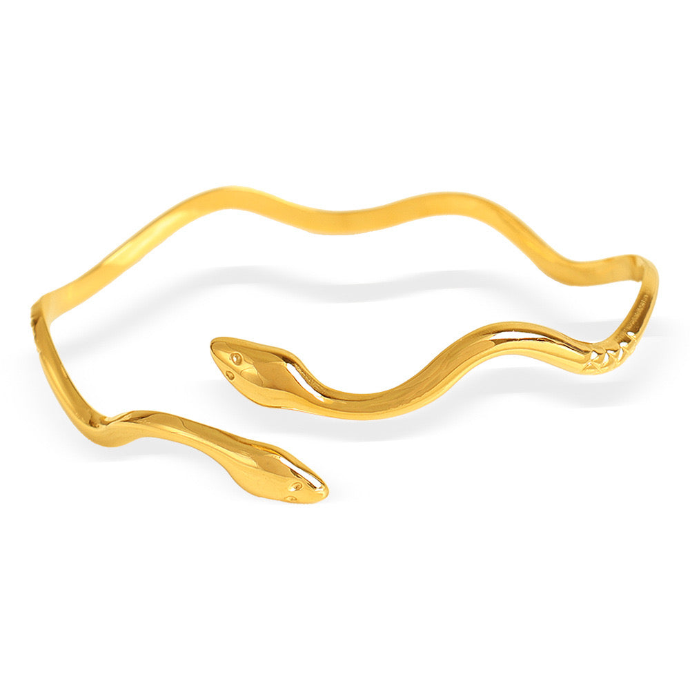 Two heads Snake design adjustable open bangle gold&silver stainless steel water-resistant tarnish free
