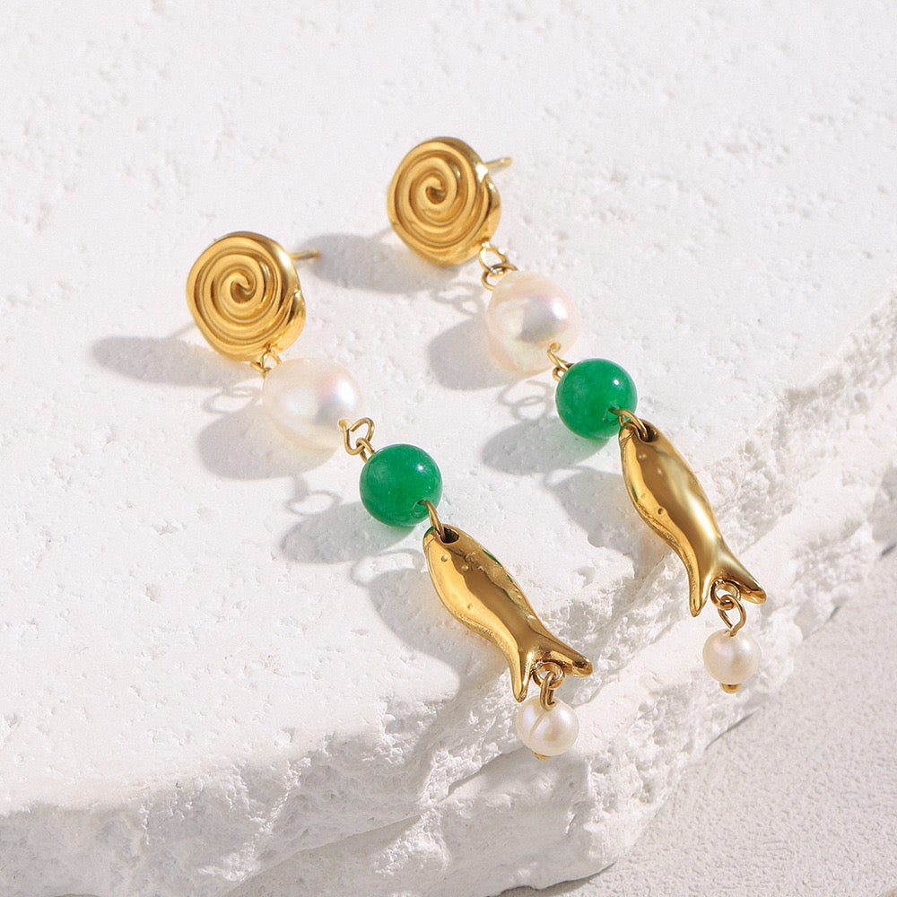 Fresh water pearls with fish and swirl ocean inspired stainless steel tarnish free earrings