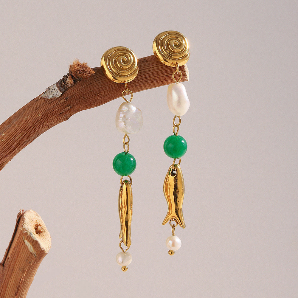 Fresh water pearls with fish and swirl ocean inspired stainless steel tarnish free earrings