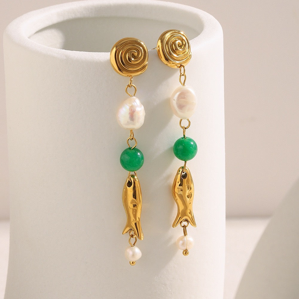 Fresh water pearls with fish and swirl ocean inspired stainless steel tarnish free earrings