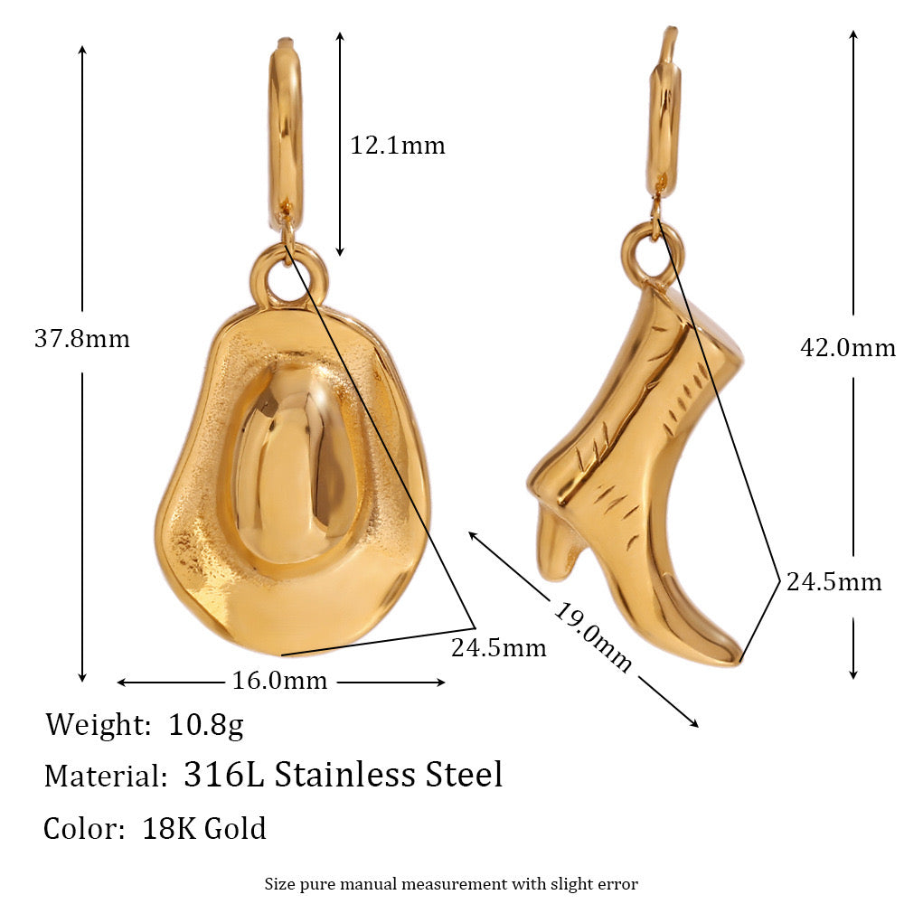 Cowboy or cowgirl style boot and hat asymmetrical earrings stainless steel tarnish free