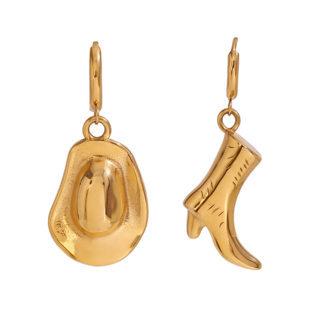 Cowboy or cowgirl style boot and hat asymmetrical earrings stainless steel tarnish free