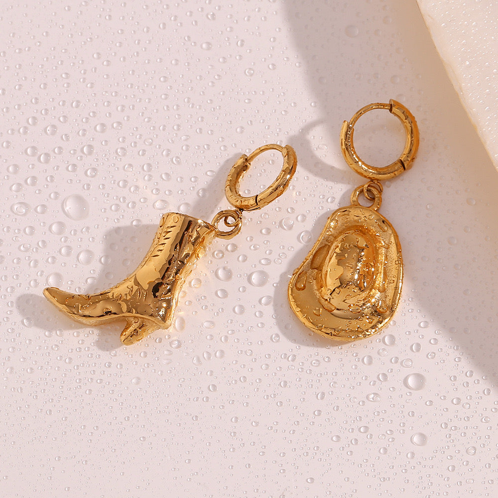 Cowboy or cowgirl style boot and hat asymmetrical earrings stainless steel tarnish free